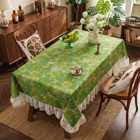 French Vintage Tablecloth Floral Bird Pattern Lace Trim Decorative Soft Fabric Cover For Dining Room Kitchen Home