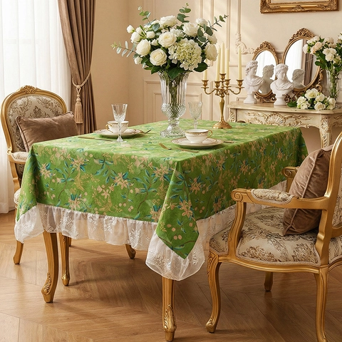 French Vintage Tablecloth Floral Bird Pattern Lace Trim Decorative Soft Fabric Cover For Dining Room Kitchen Home