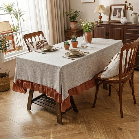 Tovaglia Con Volant In Stile Francese Vintage Texture In Lino Di Poliestere Ispessito Colore Solido Rettangolo Per Tavolo Da Pranzo