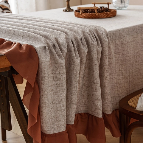 Tovaglia Con Volant In Stile Francese Vintage Texture In Lino Di Poliestere Ispessito Colore Solido Rettangolo Per Tavolo Da Pranzo