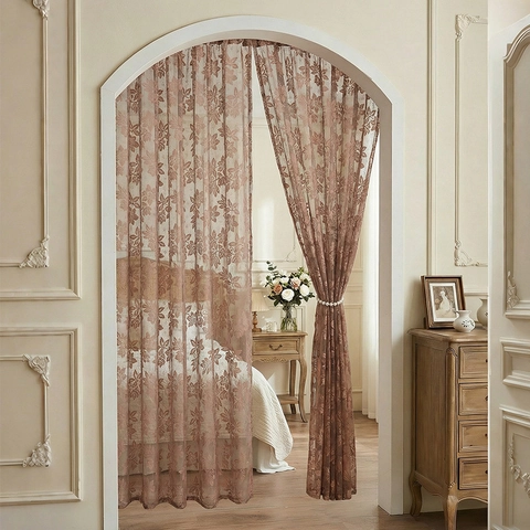 French Vintage Floral Lace Sheer Curtains Rod Pocket Polyester Semi Shading Window Panel For Living Room Bedroom
