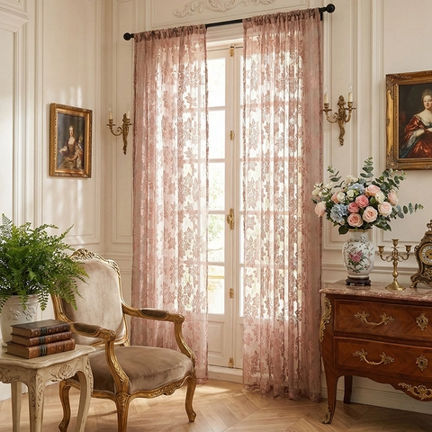 French Vintage Floral Lace Sheer Curtains Rod Pocket Polyester Semi Shading Window Panel For Living Room Bedroom