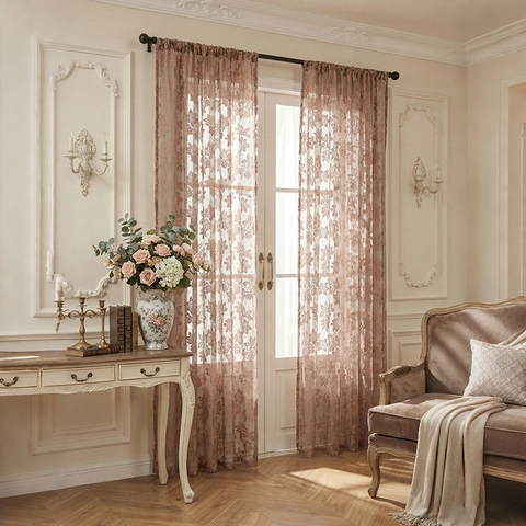 Pastoral Lace Sheer Curtains Floral Pattern French Vintage Polyester Window Treatment For Bedroom Living Room Light Filtering