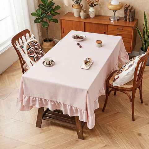 Tischdecke Leinen Polyester Rüschenkante Einfarbig Rechteckig Dekorativ Staubdicht Für Esstisch Rustikaler Luxus Stil
