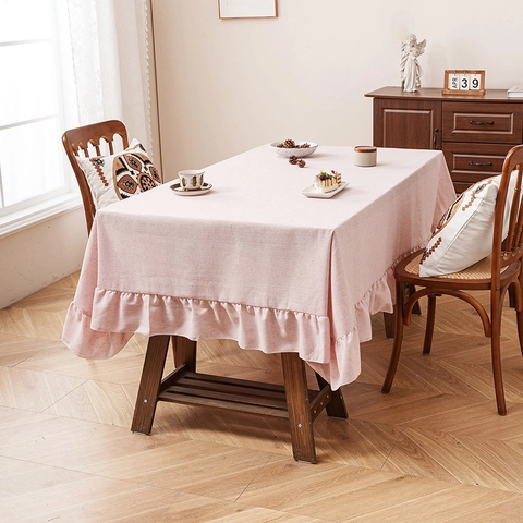 Tischdecke Leinen Polyester Rüschenkante Einfarbig Rechteckig Dekorativ Staubdicht Für Esstisch Rustikaler Luxus Stil