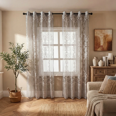 Nordic Modern Damask Embroidered Sheer Voile Curtains Grommet Top Cationic Semi Shading Window Drapes For Bedroom Living Room