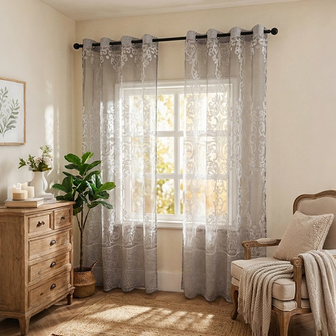 Nordic Modern Damask Embroidered Sheer Voile Curtains Grommet Top Cationic Semi Shading Window Drapes For Bedroom Living Room