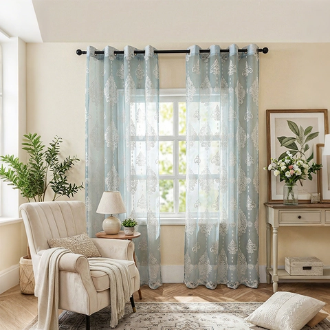 Bestickte Damast Halbdurchsichtige Vorhänge Ösen Vorhang Lichtfilterung Blumenmuster Voile Drapierungen Wohnzimmer
