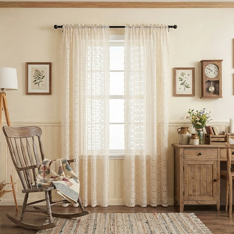 Cortinas De Encaje Bordado Floral Calado Transparentes American Country Bolsillo Para Barra Decoración Granja Vintage Francesa