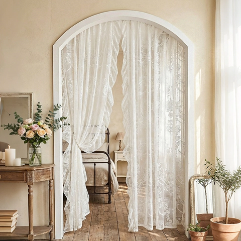 Tenda da Porta in Pizzo Vintage Francese in Poliestere Floreale con Volant Divisorio Trasparente per Soggiorno Camera da Letto Decorazioni Casa