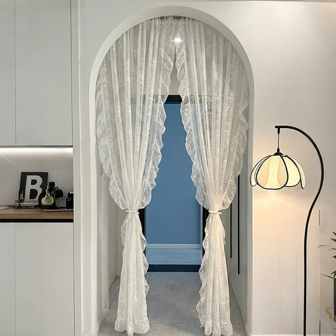 Tenda da Porta in Pizzo Vintage Francese in Poliestere Floreale con Volant Divisorio Trasparente per Soggiorno Camera da Letto Decorazioni Casa