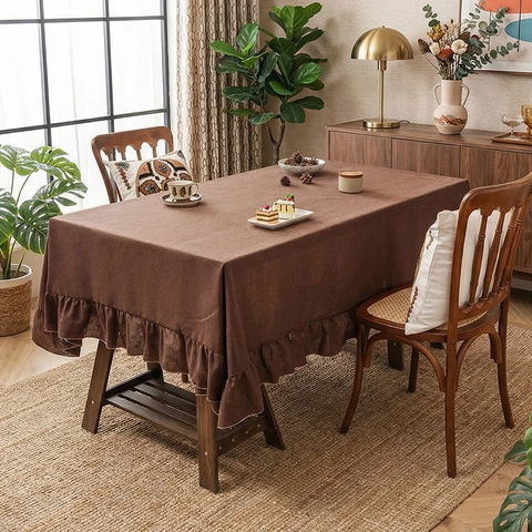Solid Color Tablecloth Rectangular Linen Blend Ruffle Hem American Rural Style Dustproof Decorative Table Cover For Dining