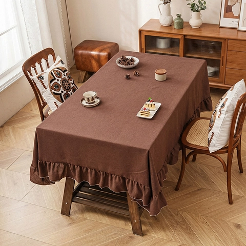 Solid Color Tablecloth Rectangular Linen Blend Ruffle Hem American Rural Style Dustproof Decorative Table Cover For Dining