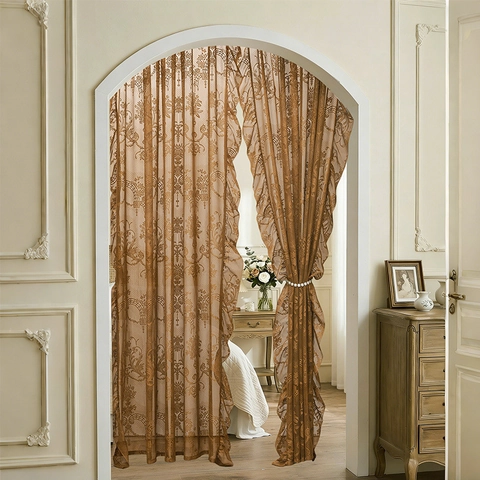 French Vintage Lace Door Curtain Floral Embroidery Ruffle Edge Semi Sheer Window Partition For Bedroom Living Room