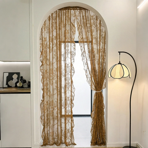 French Vintage Lace Door Curtain Floral Embroidery Ruffle Edge Semi Sheer Window Partition For Bedroom Living Room