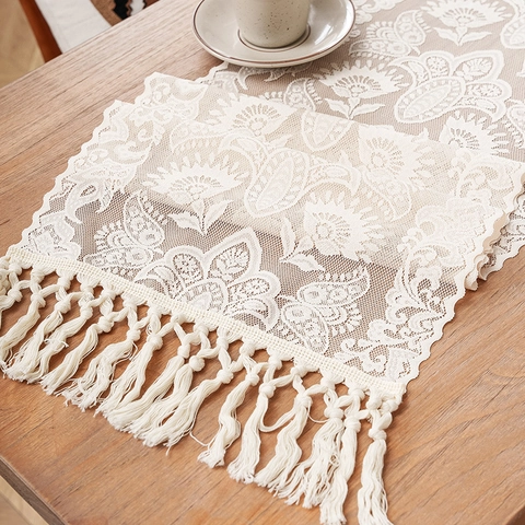 Runner Da Tavola Pizzo Traforato Floreale Con Nappine Per Sala Da Pranzo Tavolino Arredamento Boho Vintage