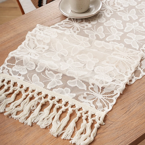 Vintage Spitze Tischläufer Ausschnitt Schmetterling Floral Dekorativer Tischläufer Mit Quasten Für Esstisch Couchtisch Schrank