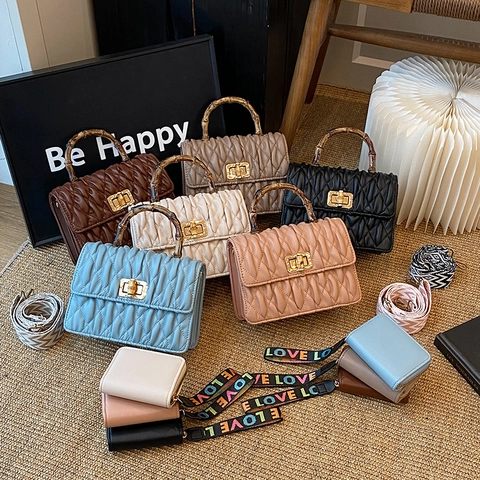 Retro Pleated Quilted PU Leather Handbag Bamboo Handle Twist Lock Wide Strap Crossbody Bag And Coin Purse For Women