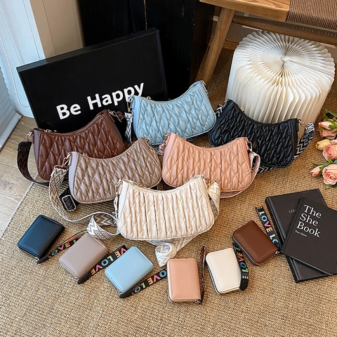 Women's Pleated PU Leather Shoulder Bag Retro Hobo Crossbody Bag With Wide Woven Geometric Strap And Mini Pouch Daily Fashion