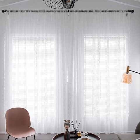 Modern Minimalist White Lace Sheer Curtain With Floral Embroidery And Scalloped Edge Light Filtering Window Treatments For Living Room Bedroom
