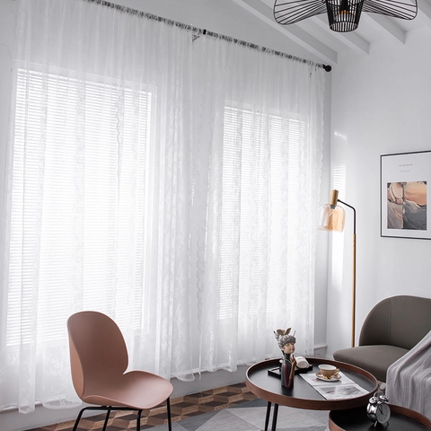 Modern Minimalist White Lace Sheer Curtain With Floral Embroidery And Scalloped Edge Light Filtering Window Treatments For Living Room Bedroom