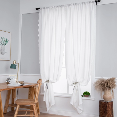 Modern Nordic Style Cotton Linen Blend Curtains With Pom-Pom Trim Elegant Solid Color Window Drapes For Living Room Bedroom