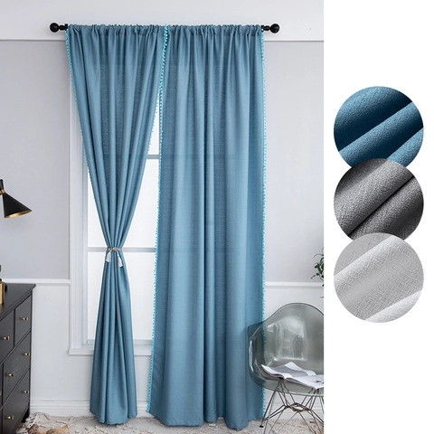 Modern Nordic Style Cotton Linen Blend Curtains With Pom-Pom Trim Elegant Solid Color Window Drapes For Living Room Bedroom
