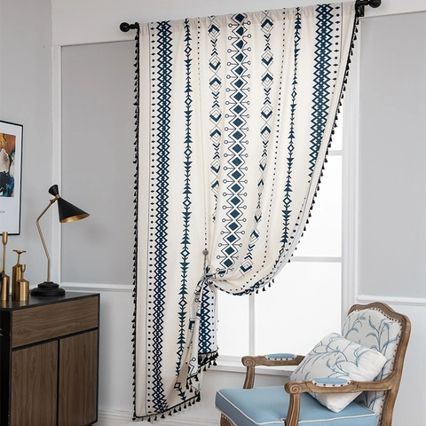 Bohemian Geometric Printed Polyester Cotton Window Curtains With Tassels Rod Pocket Shielding Drape For Living Room