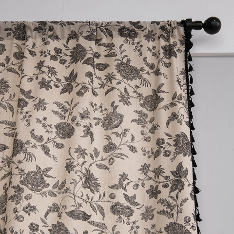 Vintage Floral Cotton Linen Window Curtain Panel With Black Pom Pom Tassel Fringe Farmhouse Rustic Botanical Print