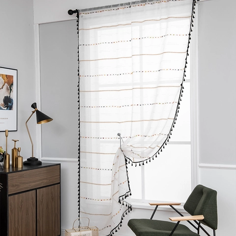 Modern Minimalist Translucent Sheer Curtains With Black Tassel Edge Colorful Pom Poms Boho Polyester Window Drape For Home Kitchen