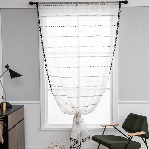 Modern Minimalist Translucent Sheer Curtains With Black Tassel Edge Colorful Pom Poms Boho Polyester Window Drape For Home Kitchen