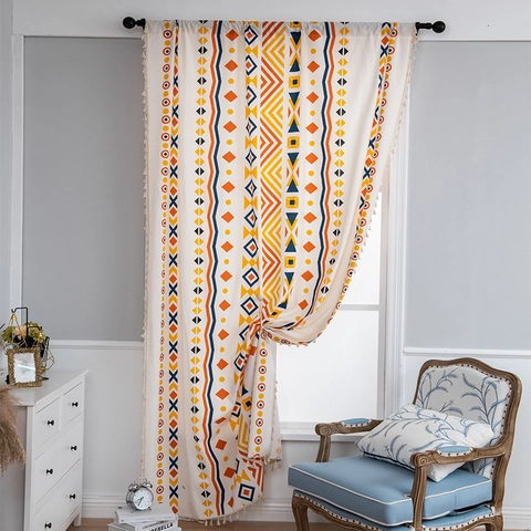 Cortina de Puerta de Mezcla de Algodón y Lino Con Estampado Geométrico Bohemio Con Borlas Semi-sombreado Bolsillo para Varilla Cortina de Ventana Para Cocina Sala de Estar Decoración del Hogar