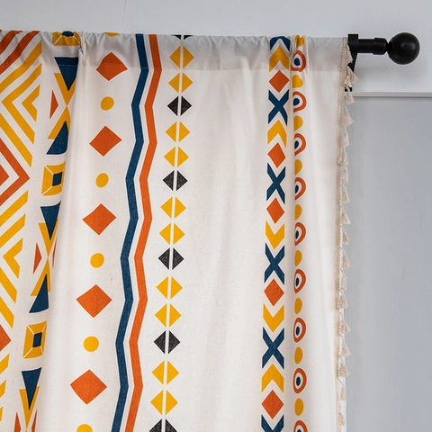 Bohemian Polyester Geometric Print Door Curtain With Tassels Modern Rod Pocket Window Curtain For Bedroom Living Room