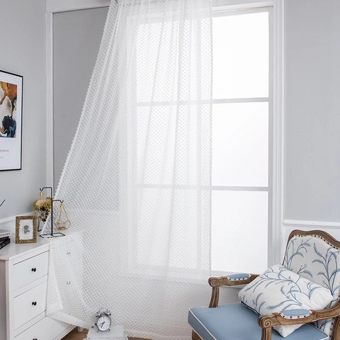 Modern Minimalistisch Wit Gordijn Zwitserse Stip 3D Pompons Roede-pocket Polyester Tulle Panelen Voor Slaapkamer Woonkamer Keuken