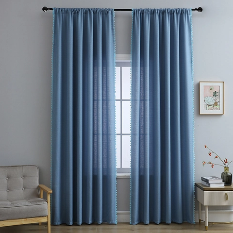 Stangendurchzug Pom-Pom-Besatz Vorhänge Leinenoptik Halbtransparente Fensterbehandlung Für Küche Wohnzimmer Bauernhaus Dekoration