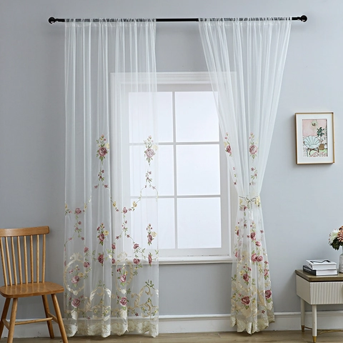 White Sheer Curtains Floral Rose Embroidered Lace Window Drapes Semi Transparent Light Filtering Rod Pocket Living Room