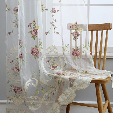 White Sheer Curtains Floral Rose Embroidered Lace Window Drapes Semi Transparent Light Filtering Rod Pocket Living Room