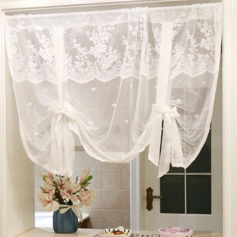 Tenda per Finestra Porta in Pizzo Floreale Bianco Stile Nordico Ricamo con Fiocco Sfumatura Romana Semitrasparente