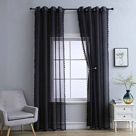 Tende Trasparenti Occhielli Tulle Pom Pom Nappine Filtraggio Luce Boho Minimalista Soggiorno Camera Da Letto Casa