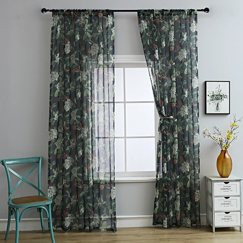 Vintage Floral Print Sheer Curtains Nordic Pear Flower Linen Blend Window Screen Rod Pocket Light Filtering Voile Drape For Bedroom Living Room
