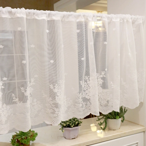 White Lace Cafe Curtain Floral Embroidery Sheer Short Window Valance Kitchen Rod Pocket Scalloped Edge Vintage Style