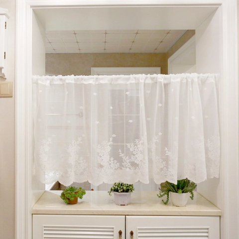 White Lace Cafe Curtain Floral Embroidery Sheer Short Window Valance Kitchen Rod Pocket Scalloped Edge Vintage Style