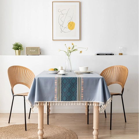 Mantel Rectangular Impermeable Nórdico Con Borde de Borlas Estampado Geométrico Fibra Sintética Cubierta de Mesa Decoración