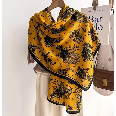 Vintage Toile De Jouy Pattern Scarf Women Winter Warm Polyester Shawl Classical Architecture Floral Print Large Wrap Fashion Accessories