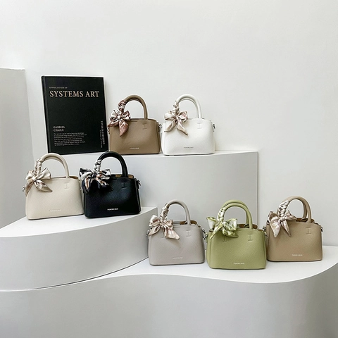 Women Lychee Pattern PU Leather Handbag With Satin Scarf Decor Niche Design Shoulder Crossbody Bucket Bag Casual Travel