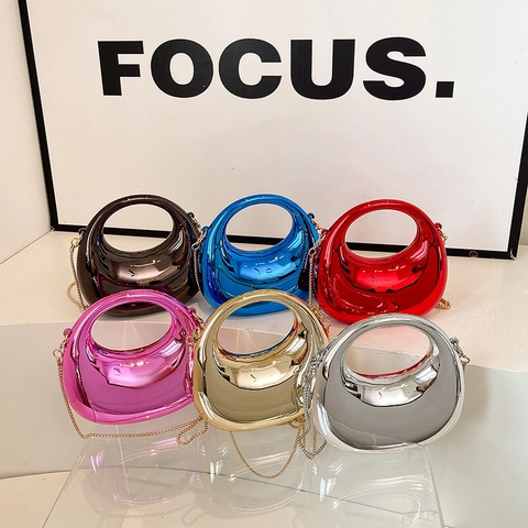 Mini Bolso Bandolera De Acrílico Efecto Espejo Metálico Forma De Media Luna Con Asa Redonda Cadena Moda Noche