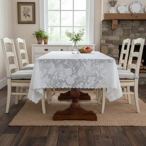 Lace Tablecloth Floral Jacquard American Pastoral Style Scalloped Edge Dustproof Breathable For Dining Table