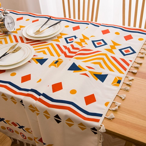 Tovaglia Boemia in Cotone Lino Motivo Geometrico Bordo con Nappe Rettangolare Copritavolo per Sala da Pranzo Arredamento Casa