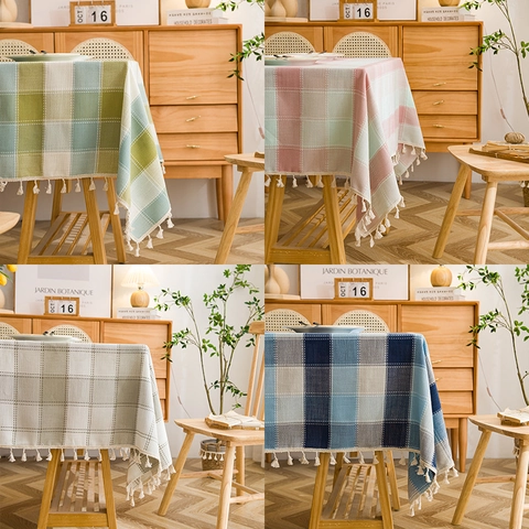 Nordic Checkered Tablecloth With Tassels Rectangular Synthetic Fiber Dining Table Cover For Home Kitchen Desk Decoration