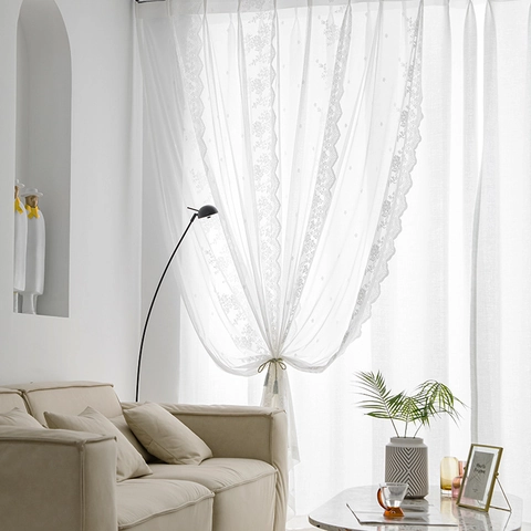 Franse Stijl Witte Kant Deurgordijn Elegante Bloemen Borduursel Schulprand Lichtfilterend Venstergordijn Voor Slaapkamer Decoratie